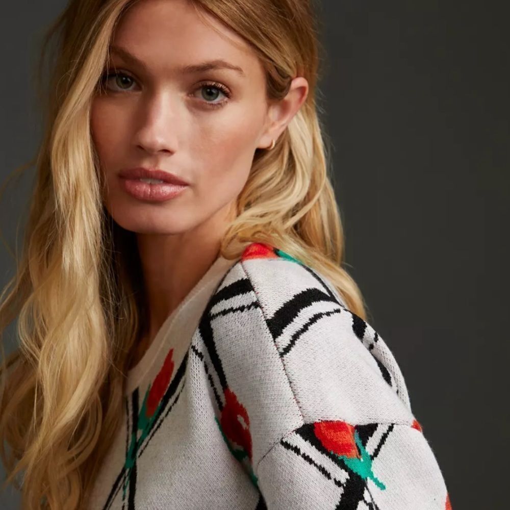 Anthropologie L Maeve Oversized Crop Crewneck Trellis Floral Pullover Sweater - Picture 5 of 16